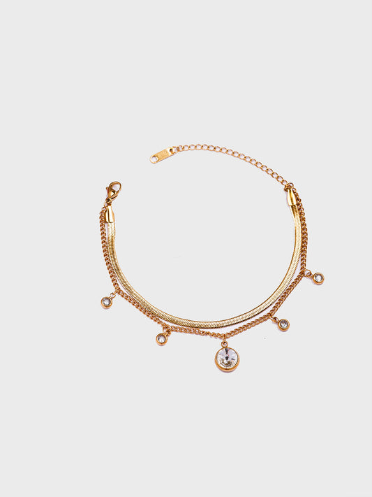 18KT Gold-Plated Women’s Herringbone ; Curb Chain Bracelet with Zircon Charms &amp; Lobster Clasp | Waterproof, Hypoallergenic, Tarnish-Free