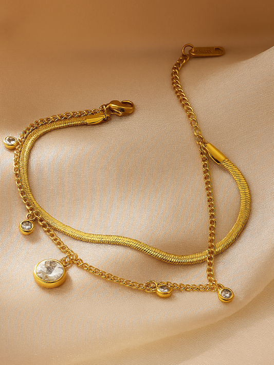 18KT Gold-Plated Zircon Charms Herringbone & Curb Chain Bracelet