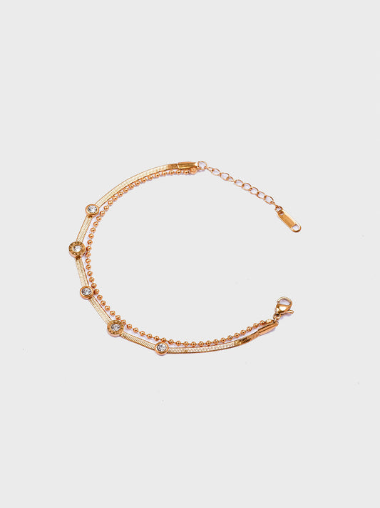 18KT Gold-Plated Women’s Zircon Herringbone ; Bead Chain Bracelet with Lobster Clasp | Waterproof, Hypoallergenic, Tarnish-Free
