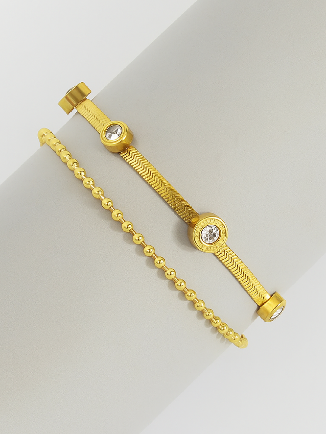 18KT Gold-Plated Zircon Herringbone Chain & Bead Chain Bracelet