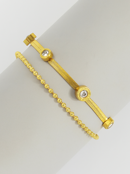 18KT Gold-Plated Zircon Herringbone Chain & Bead Chain Bracelet