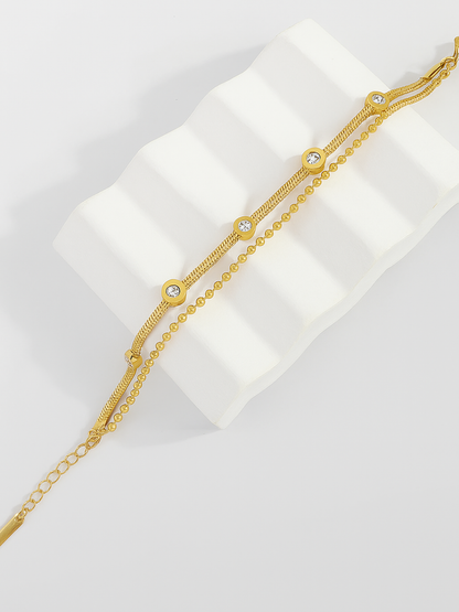 18KT Gold-Plated Zircon Herringbone Chain & Bead Chain Bracelet