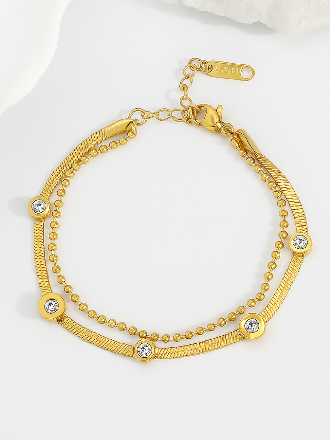 18KT Gold-Plated Zircon Herringbone Chain & Bead Chain Bracelet