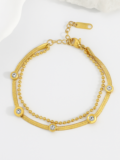 18KT Gold-Plated Zircon Herringbone Chain & Bead Chain Bracelet