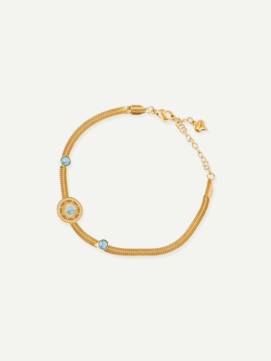 18KT Gold-Plated Women’s Blue Bead Herringbone Chain Bracelet with Lobster Clasp | Waterproof, Hypoallergenic, Tarnish-Free