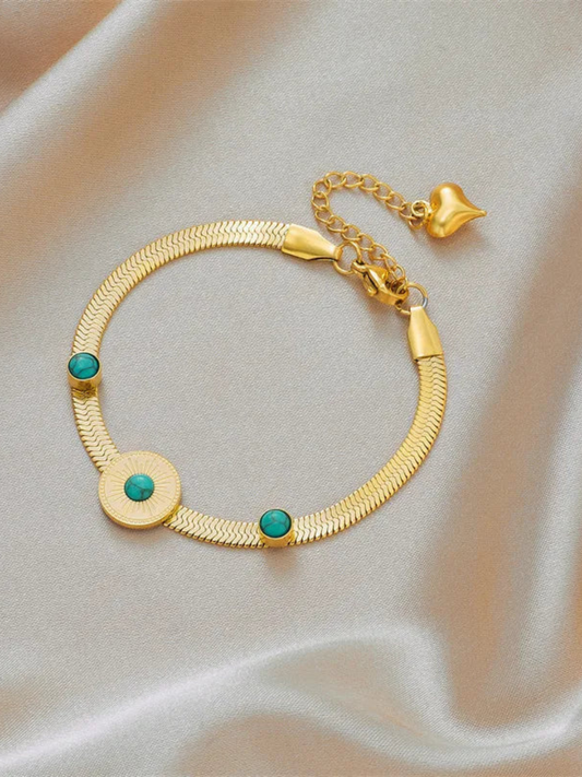 18KT Gold-Plated Blue Bead Herringbone Chain Bracelet