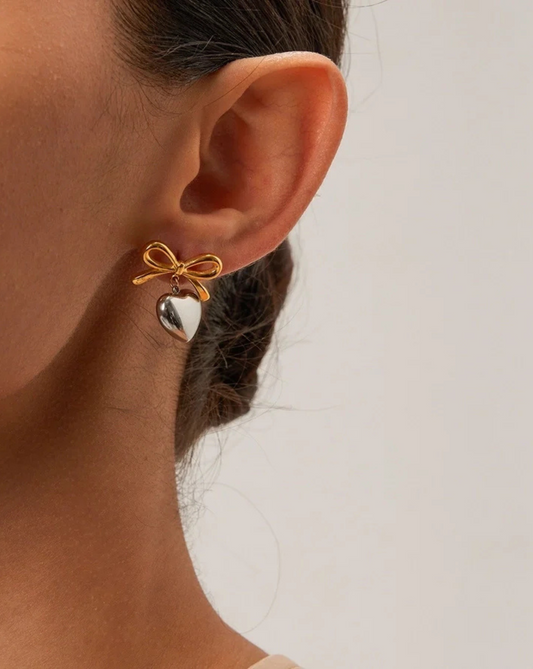 Two-Tone Mini Heart Bow Knot Stud Earrings