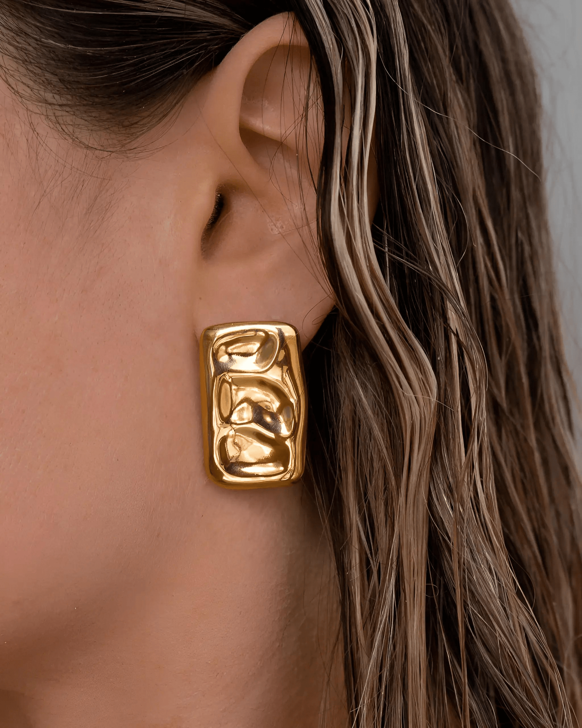 Gold Rectangle Hammered Stud Earrings - OUZELJewellery