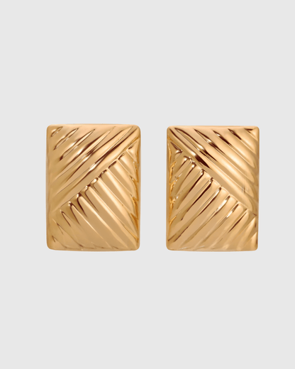 Gold Rectangular Ridged Stud Earrings - OUZELJewellery