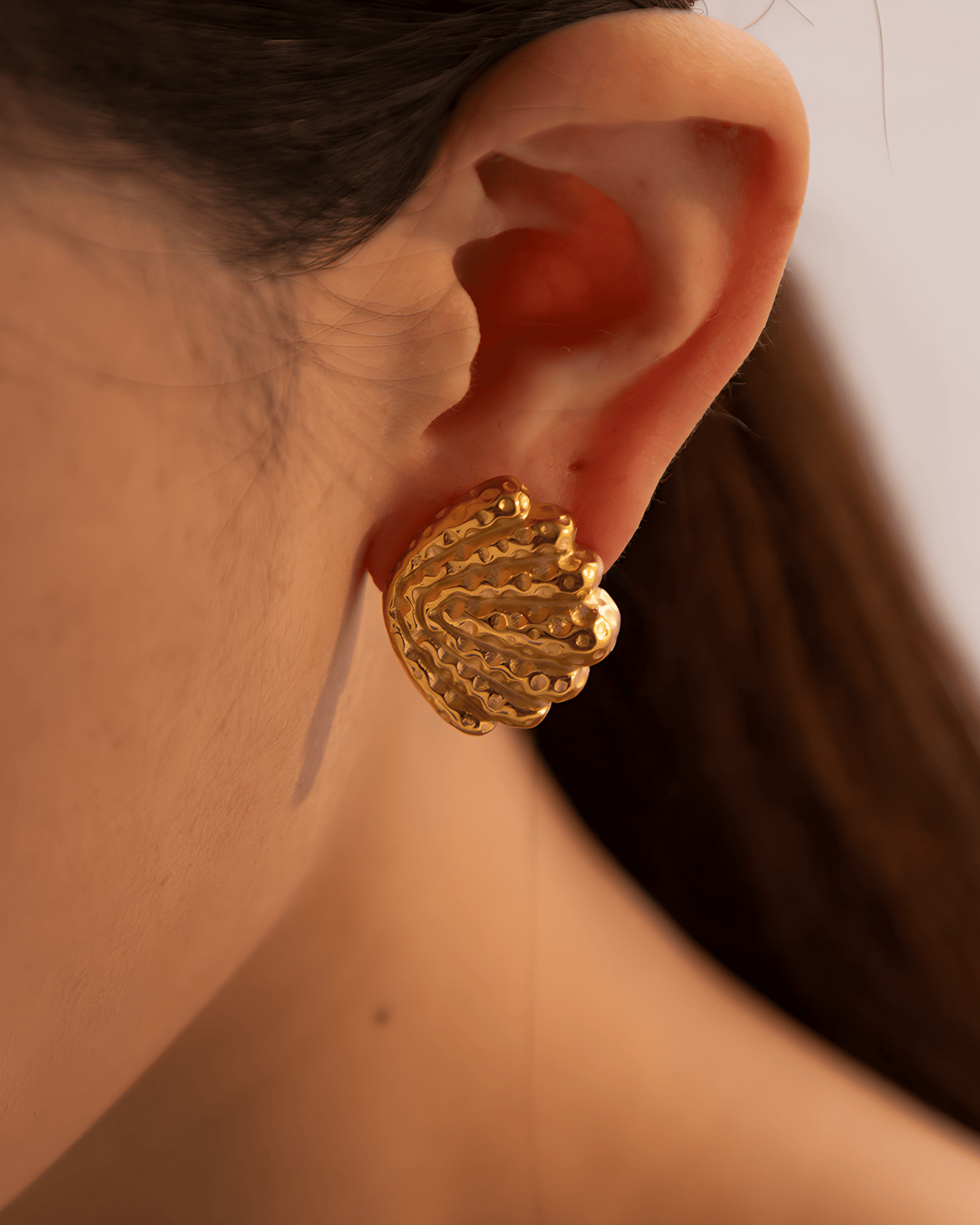 Gold Textured Shell Stud Earrings - OUZELJewellery