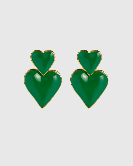 Green Enamel Double Heart Drop Earrings - OUZELJewellery