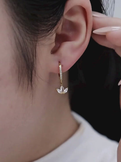 18KT Gold-Plated 3 Leaf Drop CZ Huggies Hoop Earrings