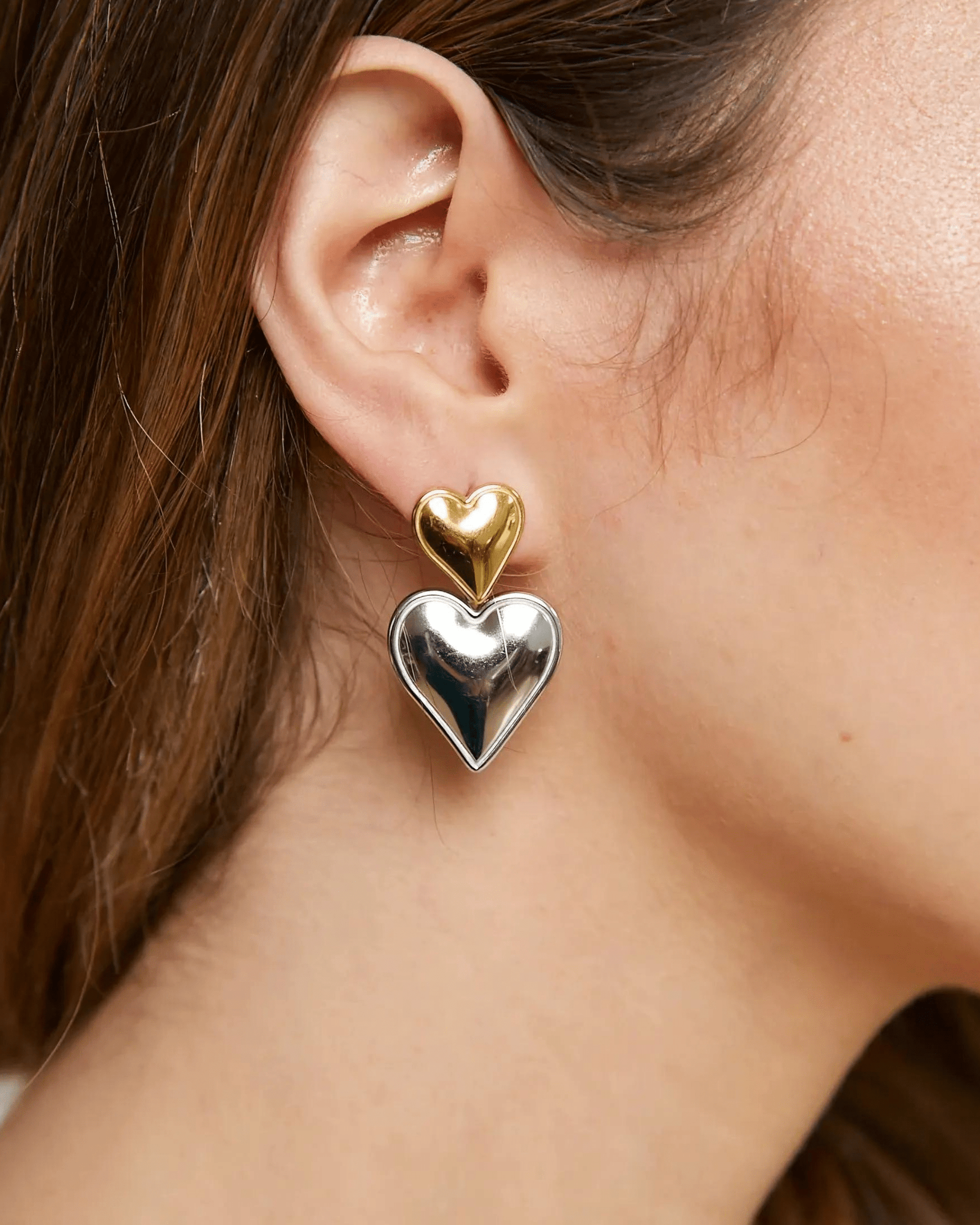 Two - Tone Double Heart Drop Earrings - OUZELJewellery