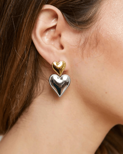 Two - Tone Double Heart Drop Earrings - OUZELJewellery