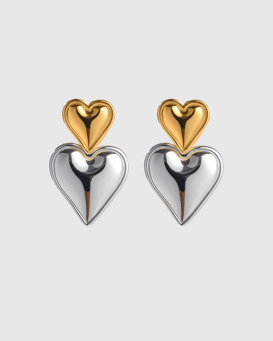 Two - Tone Double Heart Drop Earrings - OUZELJewellery