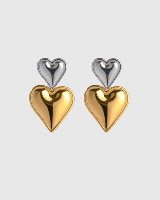 Two - Tone Double Heart Drop Earrings - OUZELJewellery