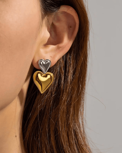 Two - Tone Double Heart Drop Earrings - OUZELJewellery