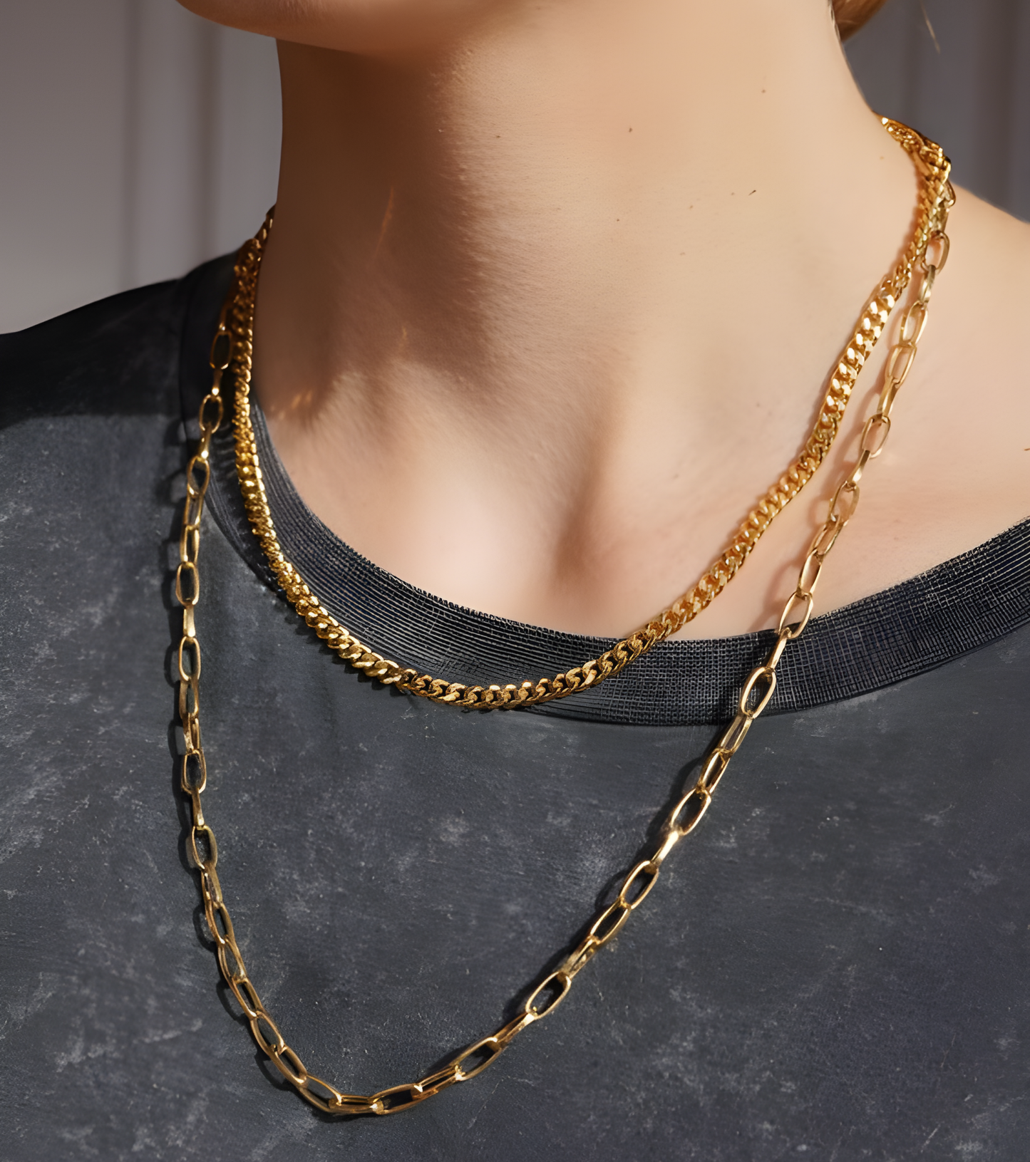 Gold Curb & Paperclip Double Layer Chain Necklace - OUZEL