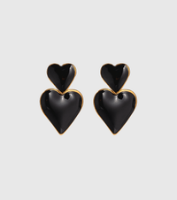 Black Enamel Double Heart Drop Earrings - OUZELJewellery