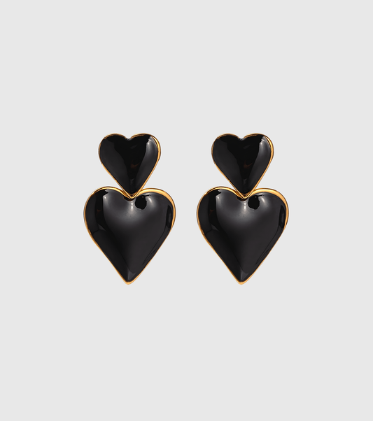 Black Enamel Double Heart Drop Earrings - OUZELJewellery