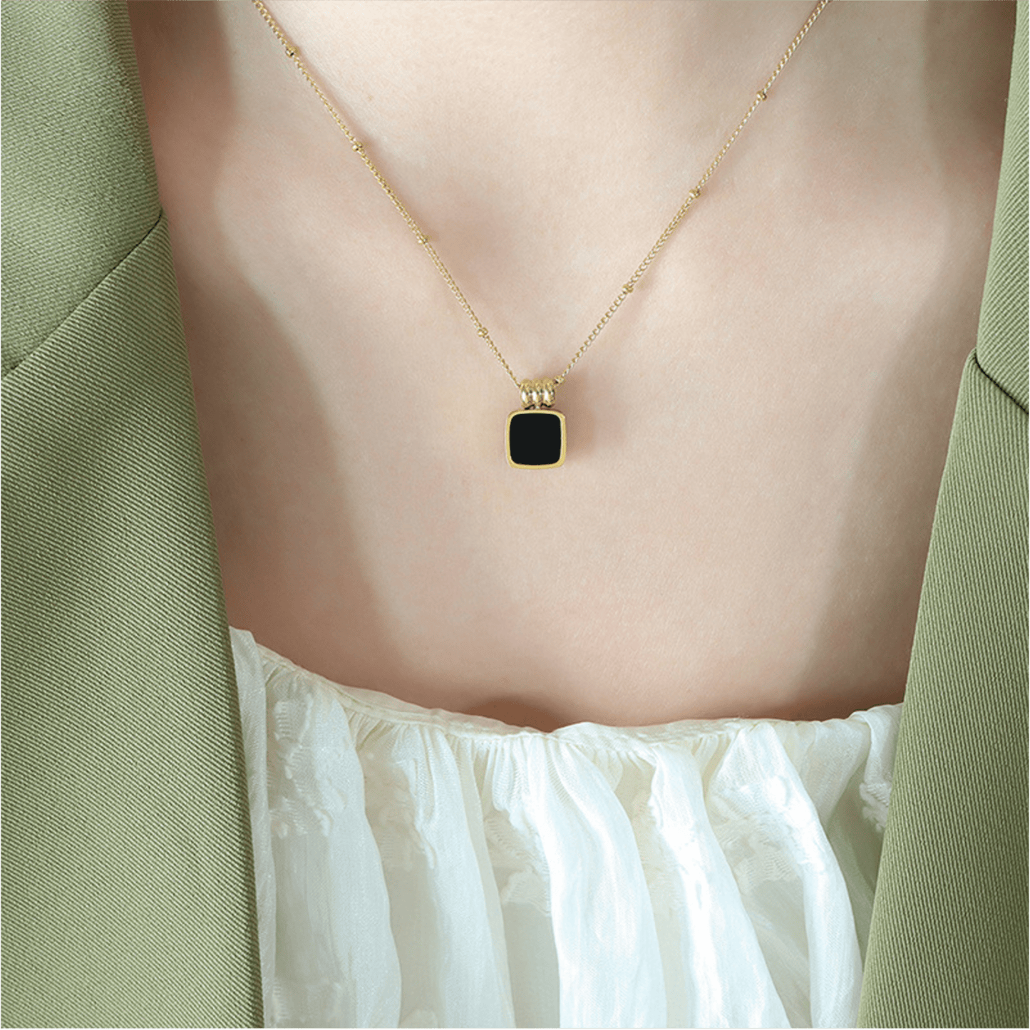 Black Onyx Square Charm Pendant Necklace - OUZELJewellery