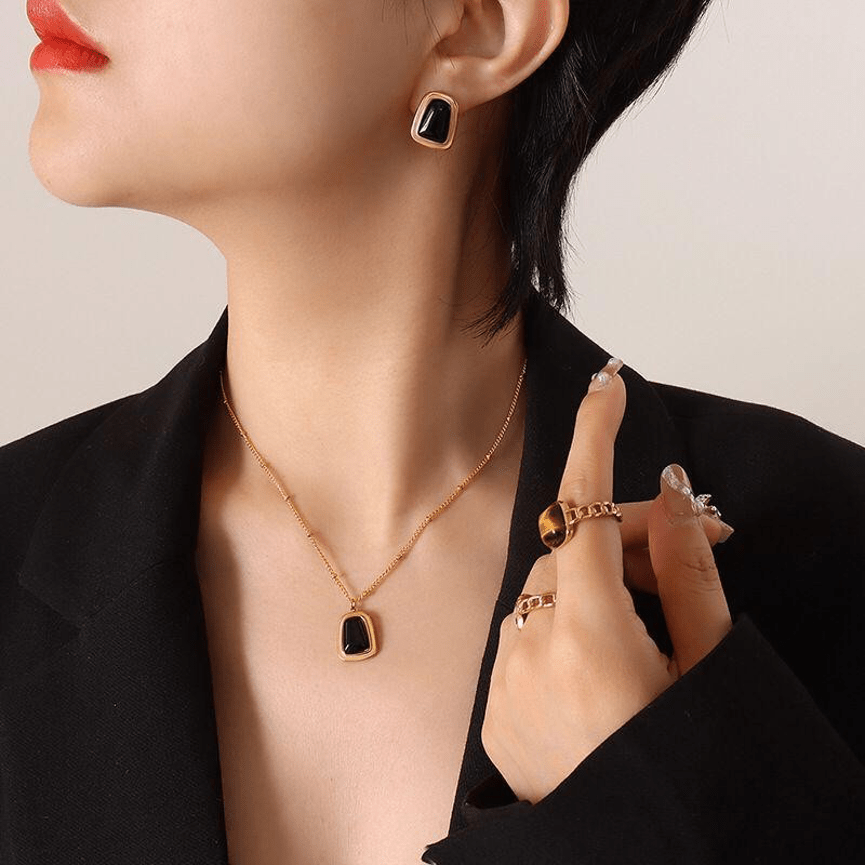 black onyx stone necklace and earrings setjewellery 140610
