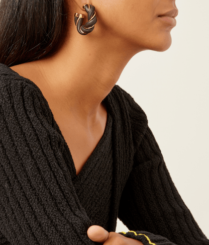 Black Twist Leather and Gold-Plated Hoop Earrings - OUZELJewellery