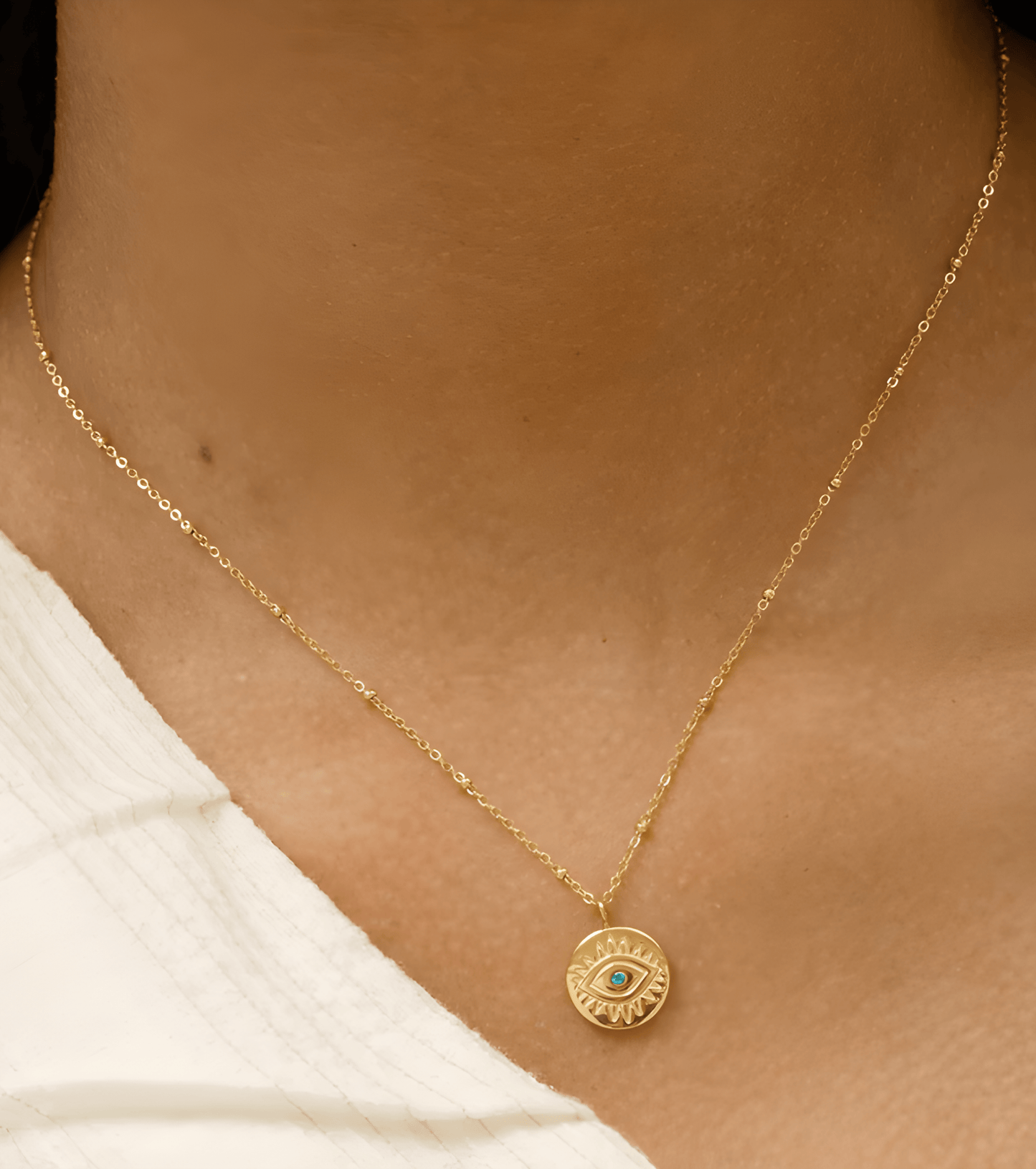 Gold Blue CZ Evil Eye Medallion Necklace - OUZELJewellery