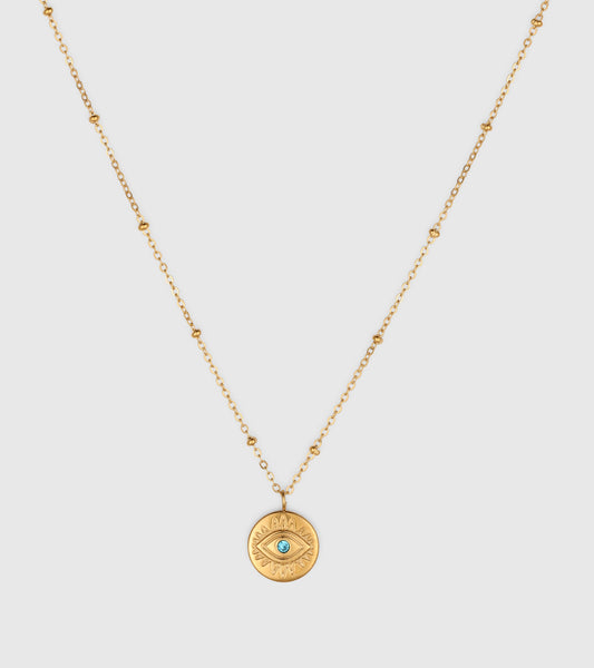 Gold Blue CZ Evil Eye Medallion Necklace - OUZELJewellery