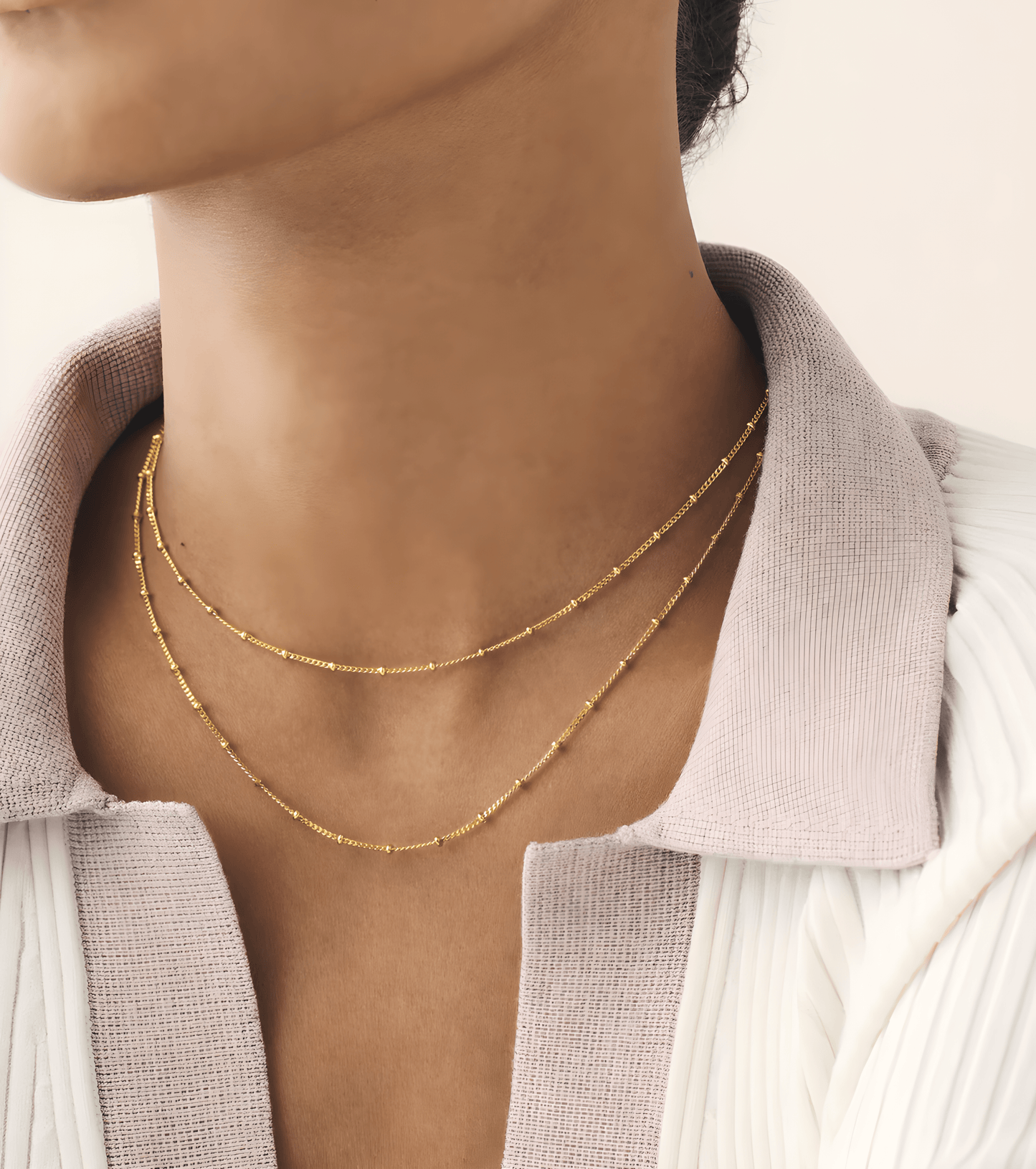 Gold Double Strand Beaded Satellite Chain Necklace - OUZELJewellery