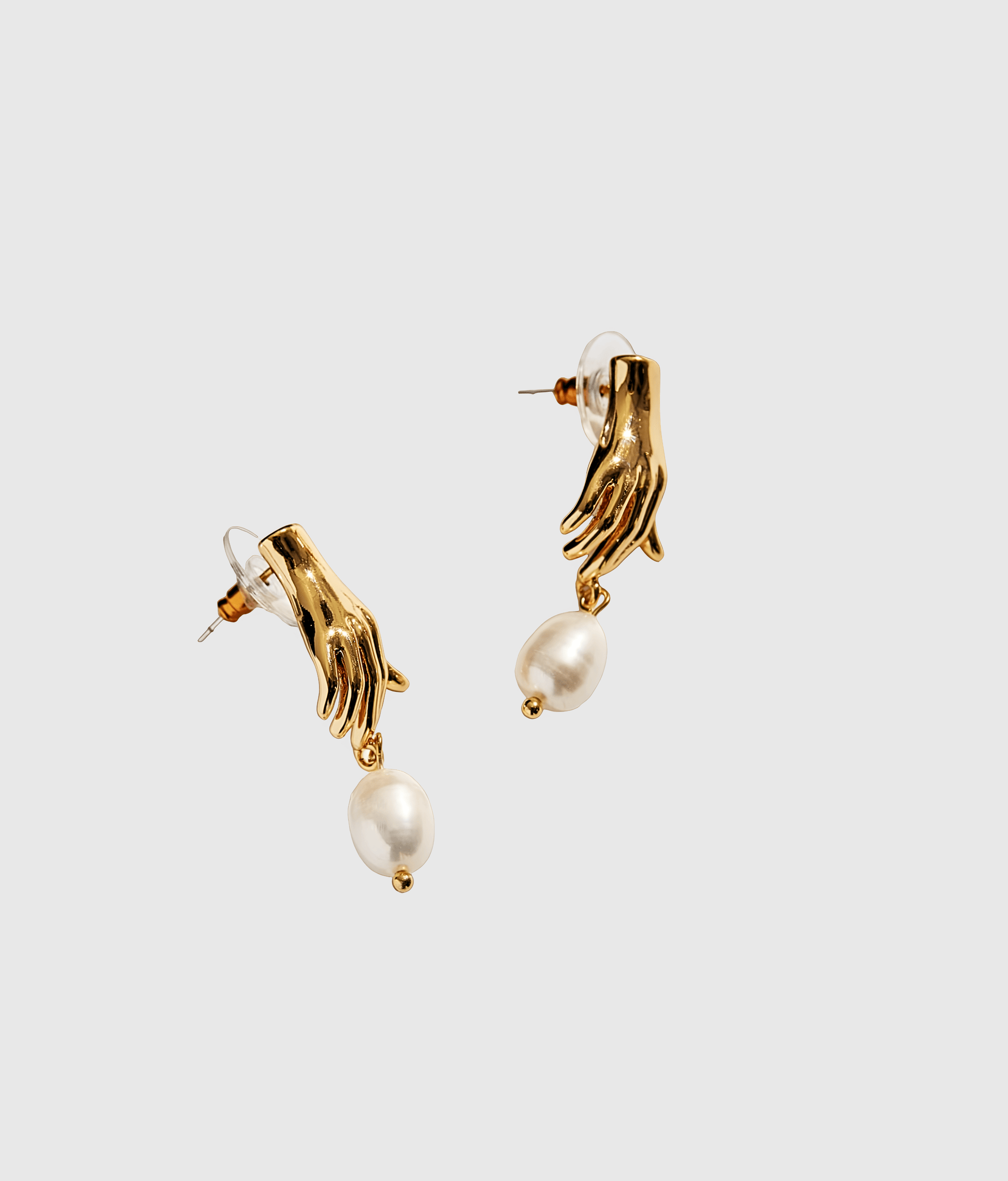 Gold Hand Stud Earrings with Dangling Pearls - OUZELJewellery