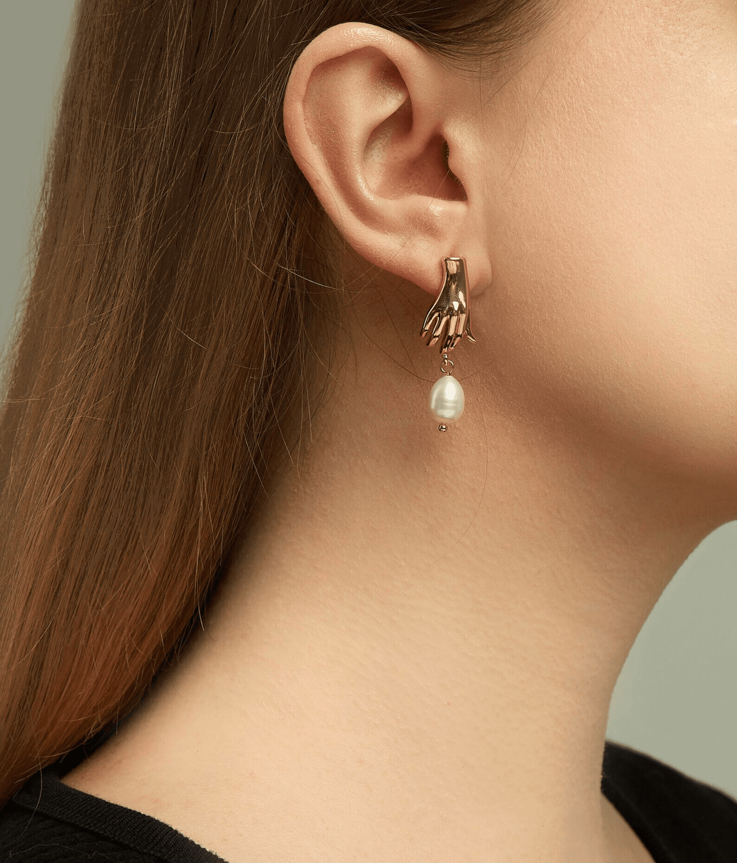 Gold Hand Stud Earrings with Dangling Pearls - OUZELJewellery