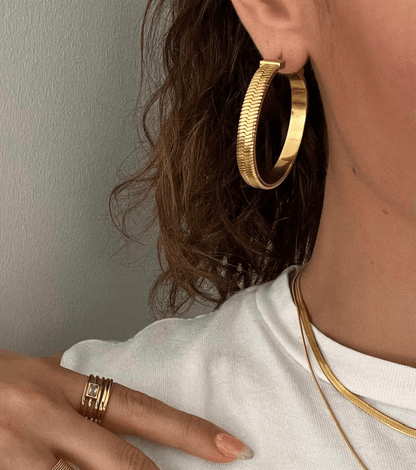 Gold Herringbone Chain Hoop Earrings - OUZELJewellery