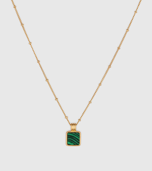 Gold Malachite Green Gemstone Square Charm Pendant Necklace - OUZELJewellery