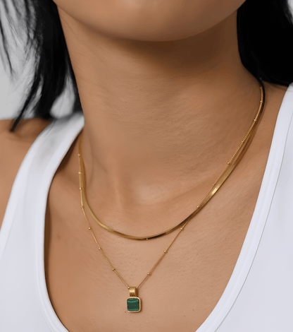 Gold Malachite Green Gemstone Square Charm Pendant Necklace - OUZELJewellery