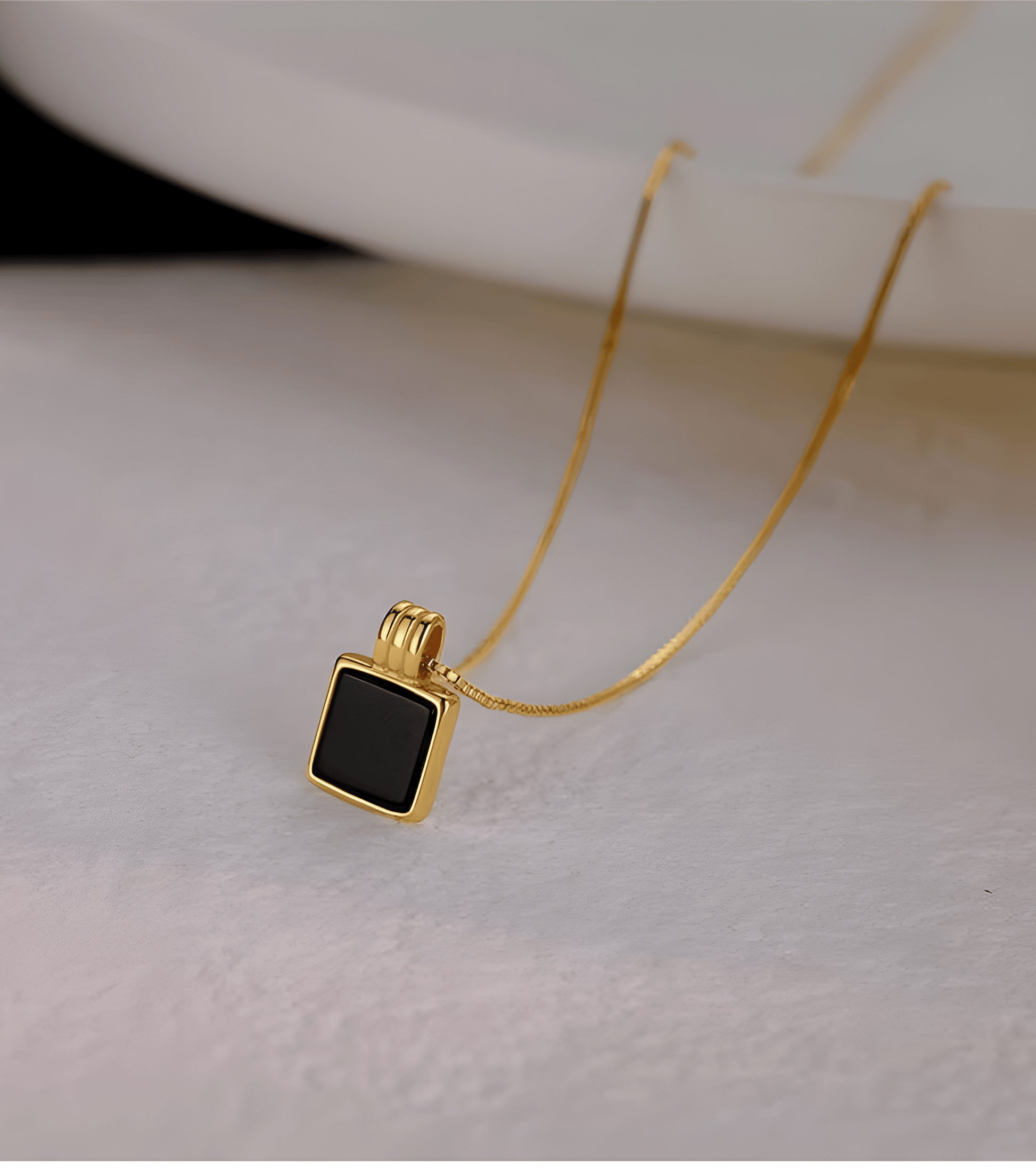 Gold Mini Black Onyx Square Charm Pendant Necklace - OUZELJewellery