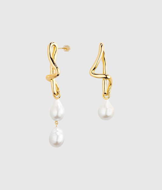 Gold Molten Baroque Pearl Mismatch Drop Earrings - OUZELJewellery