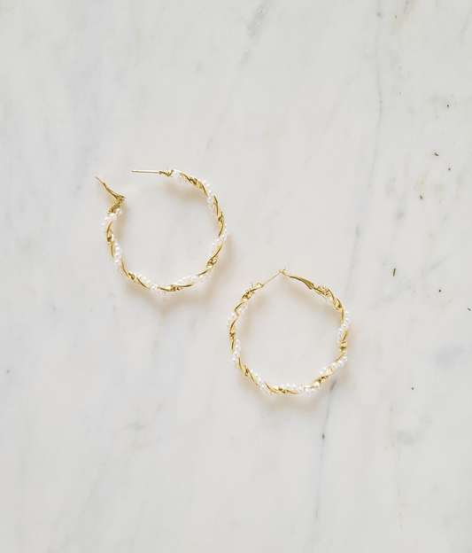 Gold Molten Pearl Twisted Hoop Earrings - OUZELJewellery