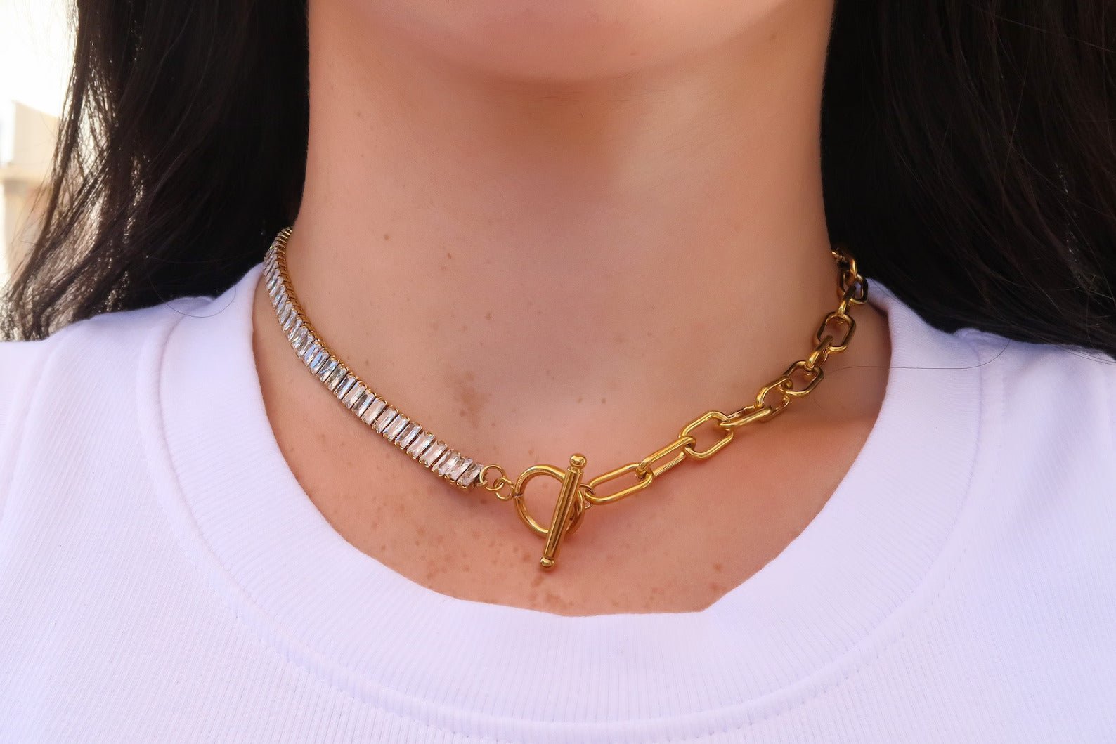 Half White Cubic Zirconia & Half Gold Chain Necklace and Bracelet - OUZELJewellery