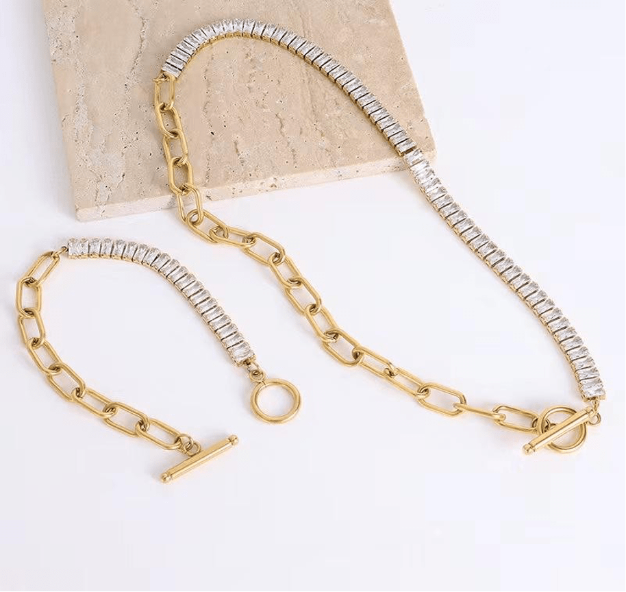 Half White Cubic Zirconia & Half Gold Chain Necklace and Bracelet - OUZELJewellery