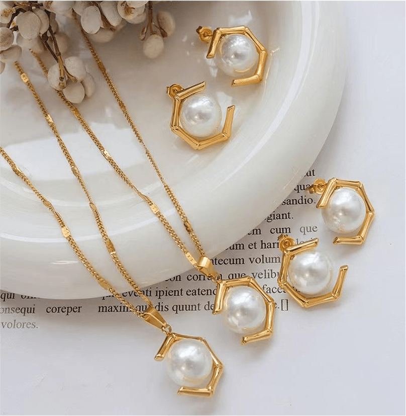 Pearl Open-Space Hexagonal Pendant Necklace and Earring sets - OUZELJewellery