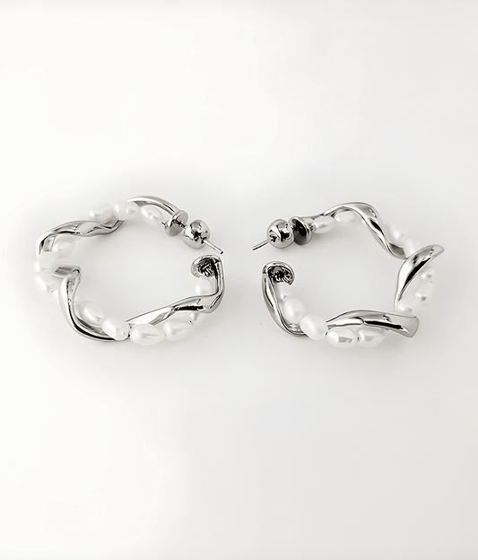 Silver Molten Baroque Pearl Twisted Hoop Earrings - OUZELJewellery